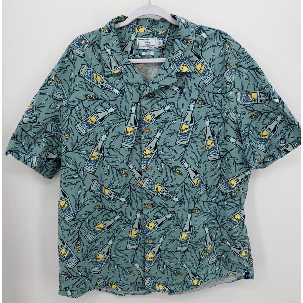 Southern Tide Shirt Mens XL Green Beach Brewing Co Beer Bottle Print Style 9140